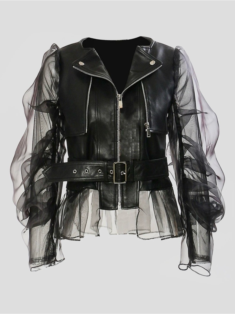 Black Sheer-Sleeve Faux Leather Moto Jacket, Medium NWT